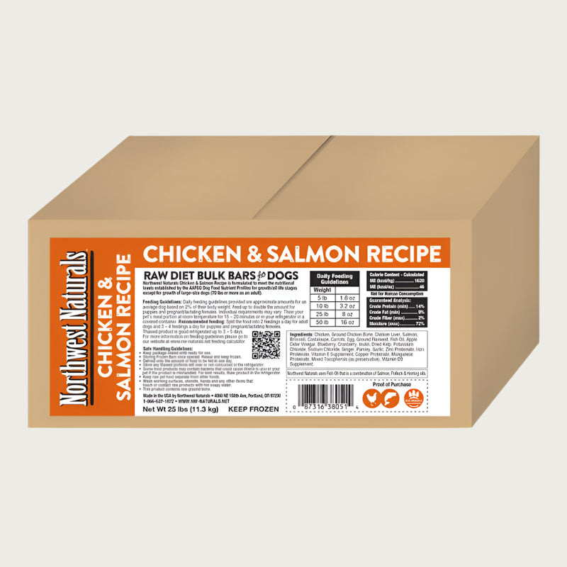 A 25 pound box of Northwest Naturals frozen raw diet for dogs, chicken and salmon recipe bars. Box contains 25 one-pound bars.