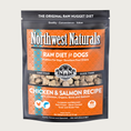 Load image into Gallery viewer, A 6 pound orange bag of Northwest Naturals frozen raw diet for dogs, chicken and salmon recipe. Clear window on bag shows small cube-sized nuggets.
