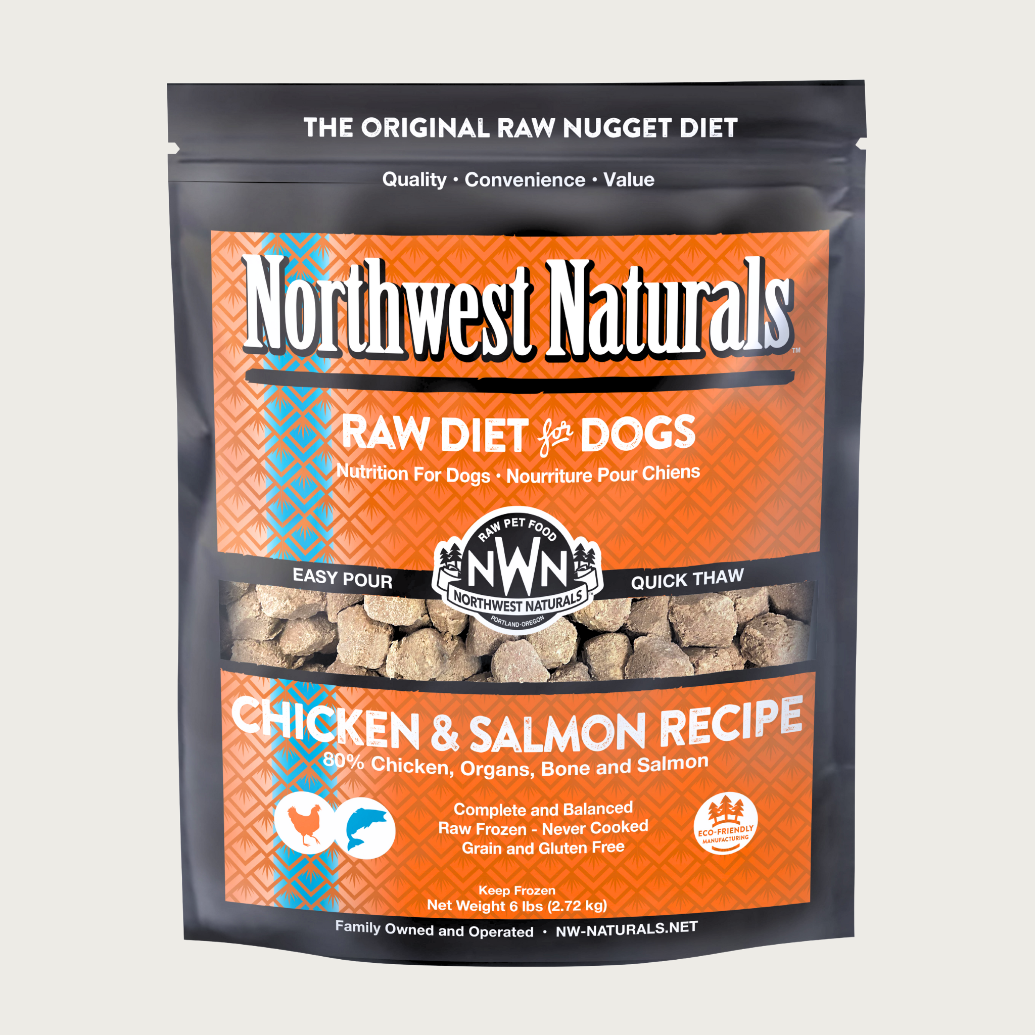 A 6 pound orange bag of Northwest Naturals frozen raw diet for dogs, chicken and salmon recipe. Clear window on bag shows small cube-sized nuggets.
