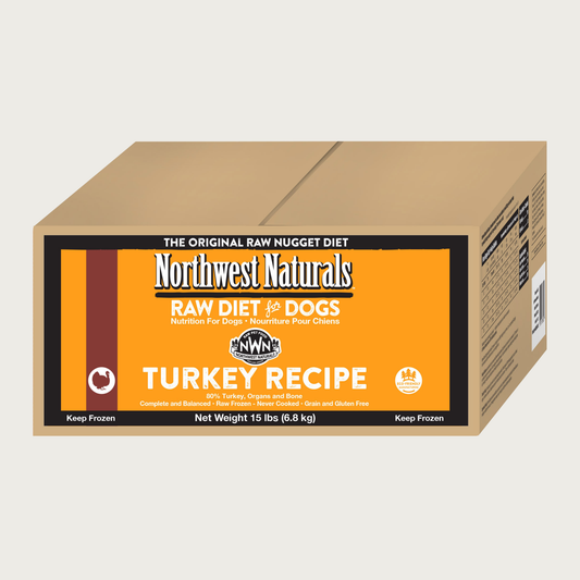A 15 pound box of Northwest Naturals frozen raw diet for dogs, turkey recipe nuggets.