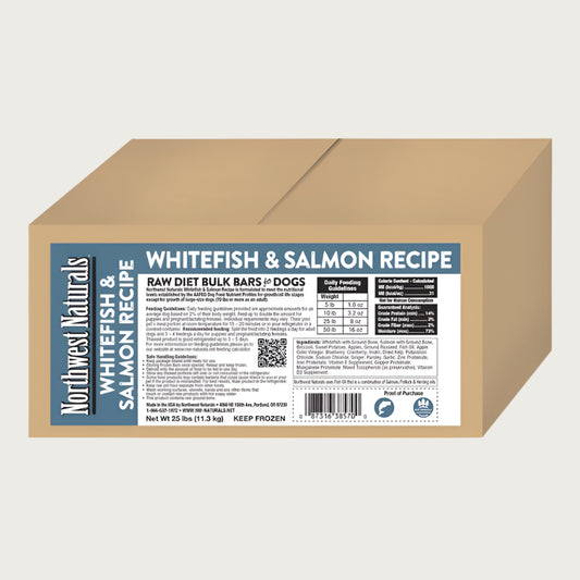 A 25 pound box of Northwest Naturals frozen raw diet for dogs, whitefish and salmon recipe bars. Box contains 25 one-pound bars.