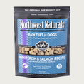 Load image into Gallery viewer, A 6 pound blue bag of Northwest Naturals frozen raw diet for dogs, whitefish and salmon recipe. Clear window on bag shows small cube-sized nuggets.
