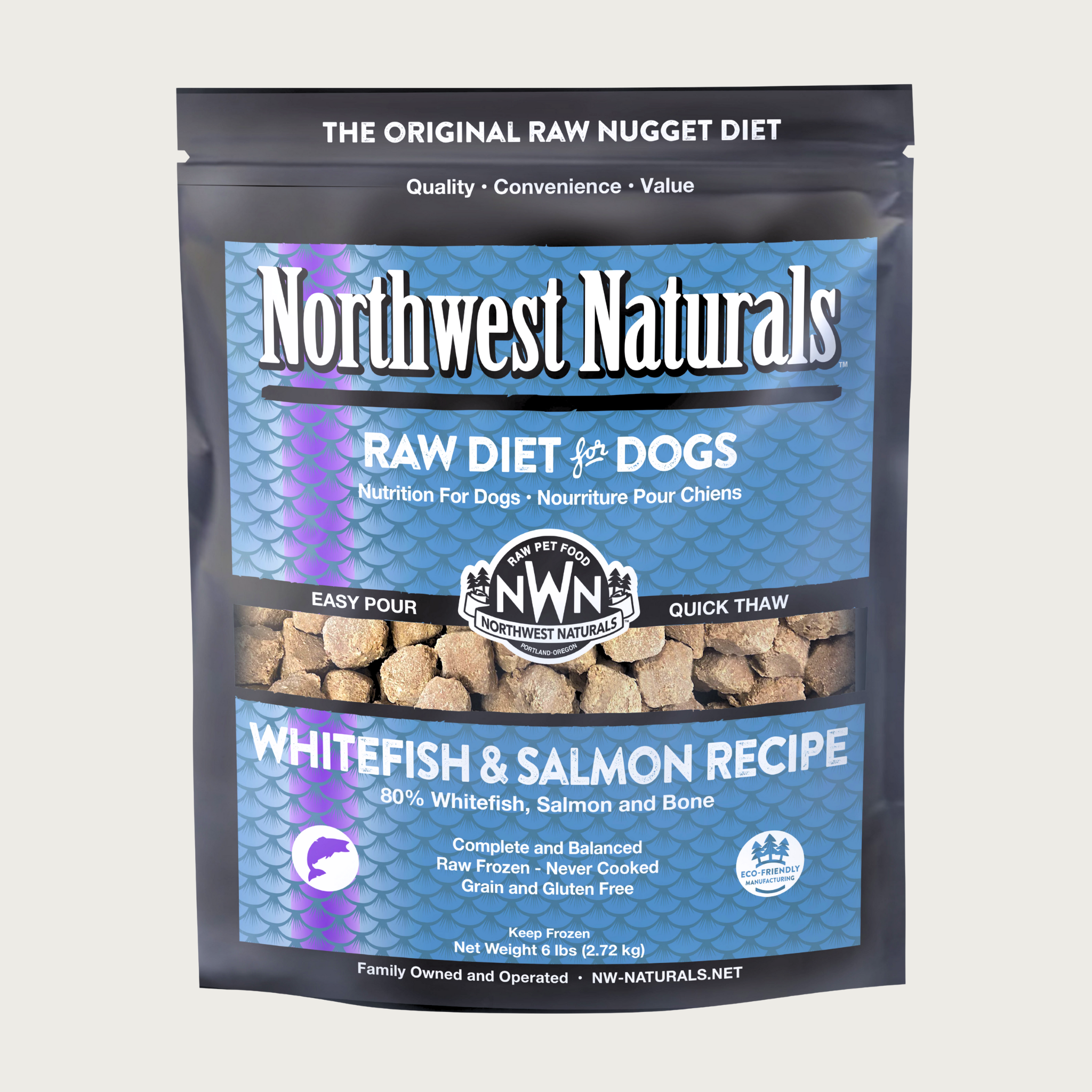 A 6 pound blue bag of Northwest Naturals frozen raw diet for dogs, whitefish and salmon recipe. Clear window on bag shows small cube-sized nuggets.