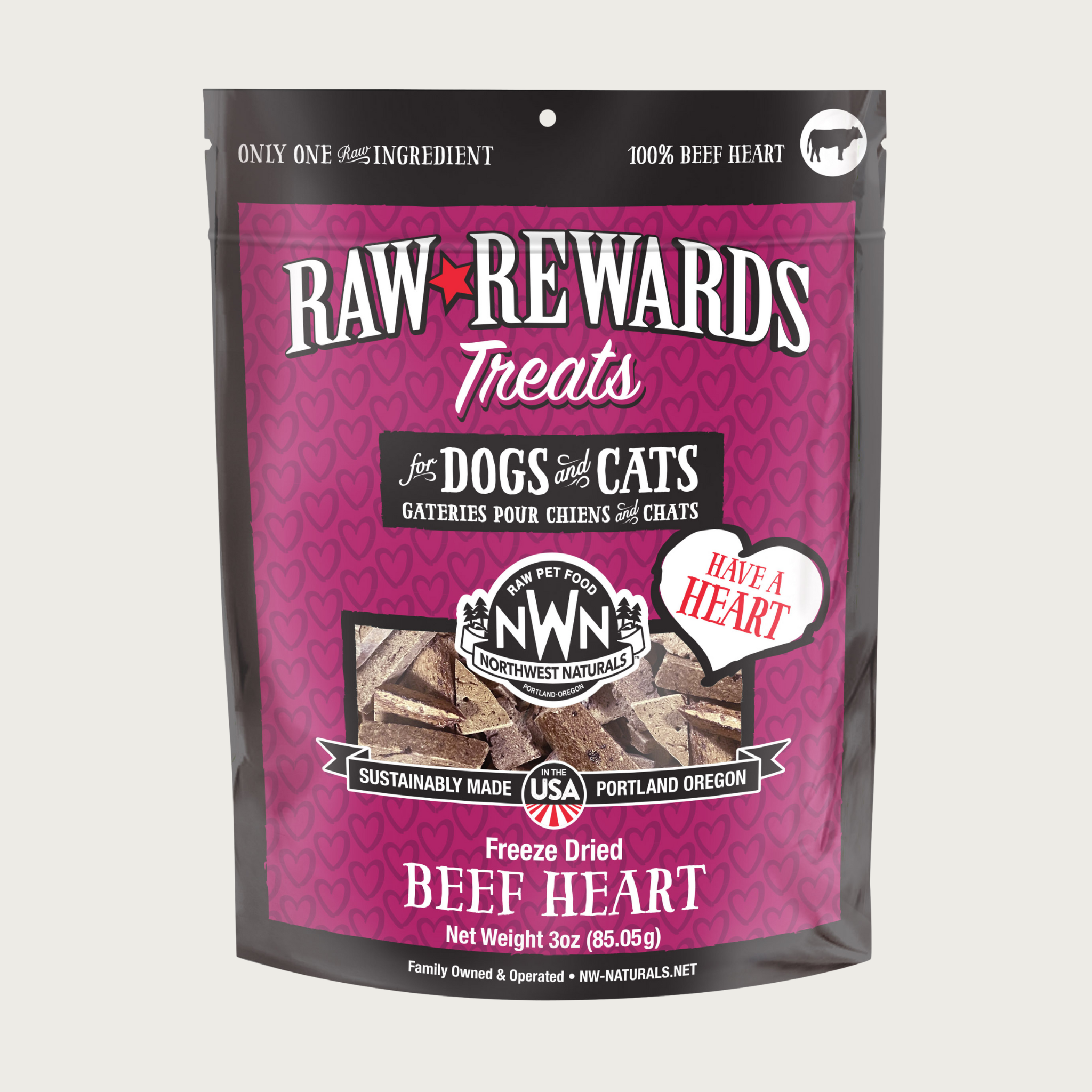 A 3 ounce violet colored bag of Northwest Naturals freeze-dried raw beef heart treats for dogs and cats. Clear window on bag shows small rectangular shaped pieces.