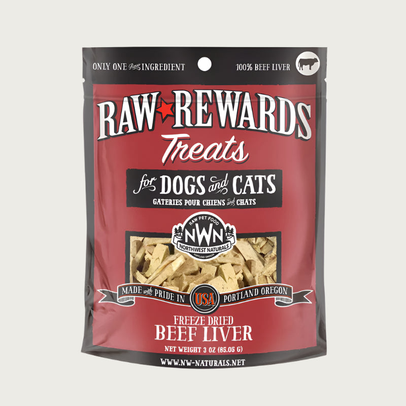 A 3 ounce bag of Northwest Naturals freeze-dried raw beef liver treats for dogs and cats. Clear window on bag shows small rectangular shaped pieces.