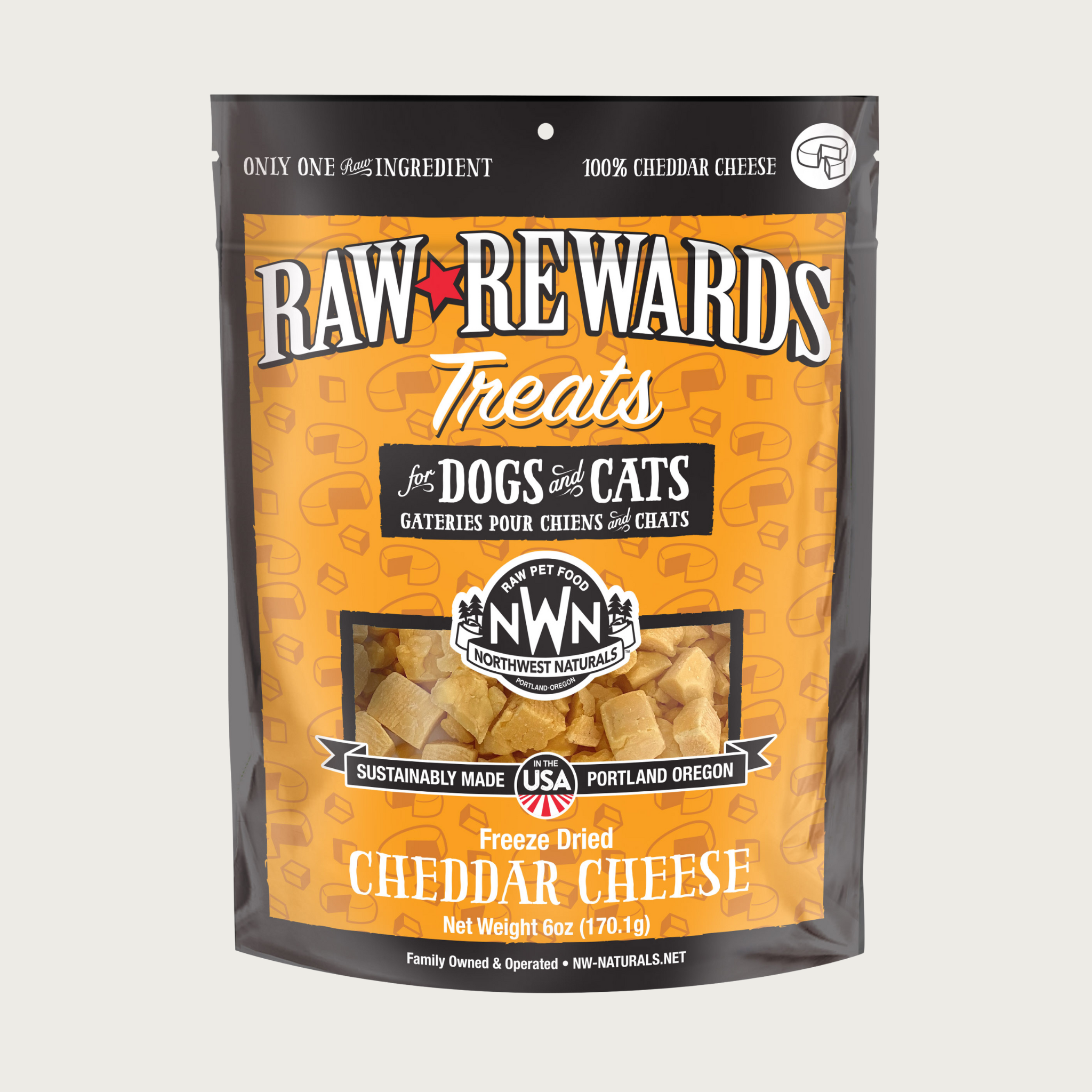 A 6 ounce orange bag of Northwest Naturals freeze-dried cheddar cheese bites for dogs and cats. Clear window on bag shows bite-sized cubes of cheese.