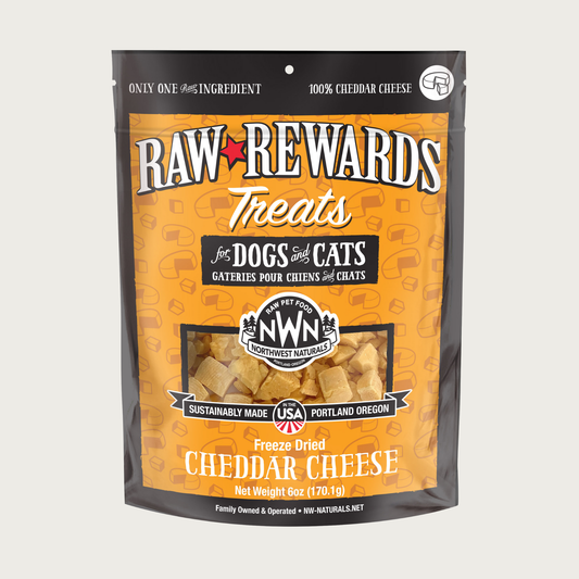A 6 ounce orange bag of Northwest Naturals freeze-dried cheddar cheese bites for dogs and cats. Clear window on bag shows bite-sized cubes of cheese.
