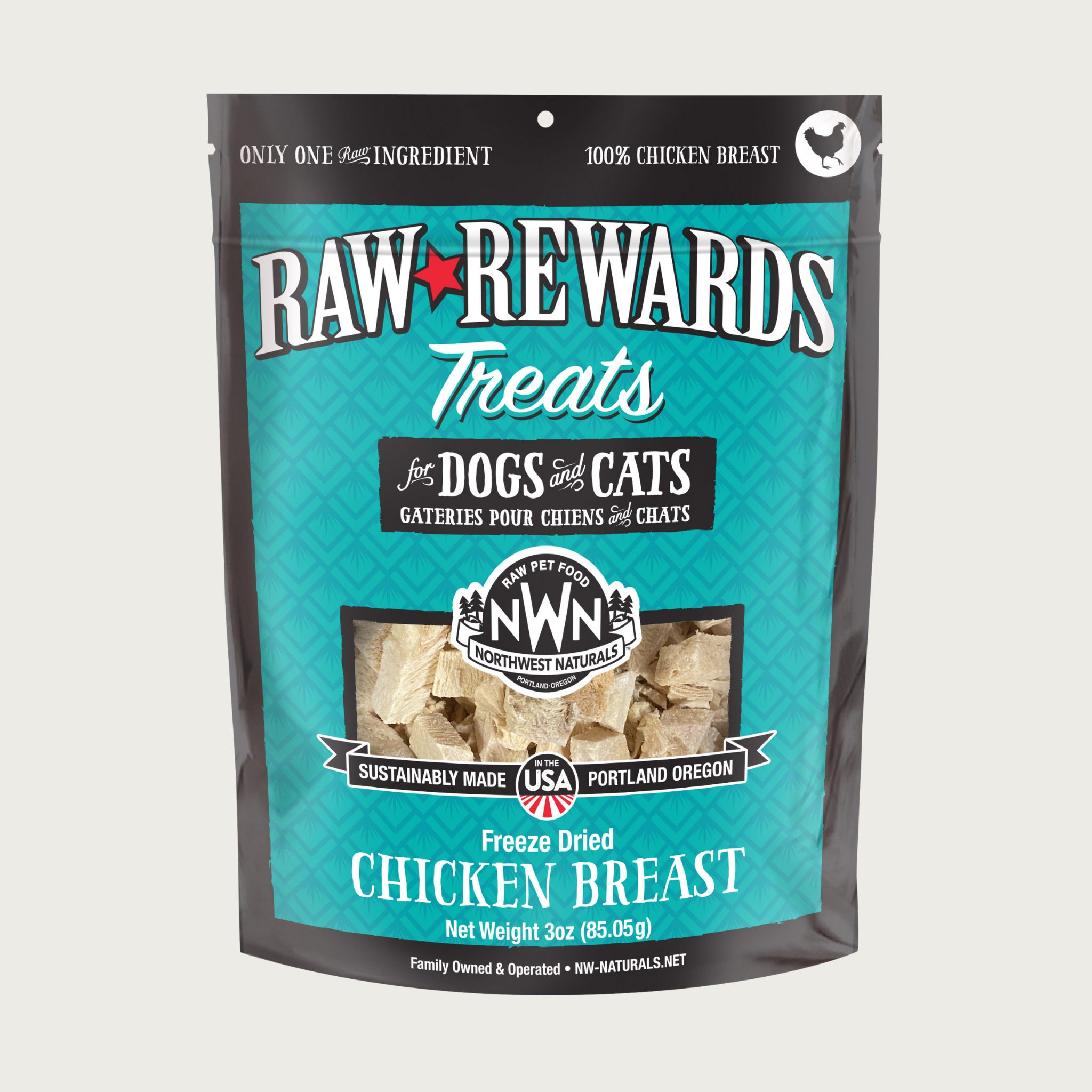 A 3 ounce teal bag of Northwest Naturals freeze-dried raw chicken breast treats for dogs and cats. Clear window on bag shows small rectangular shaped pieces.