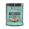 A 3 ounce bag of Northwest Naturals freeze-dried raw chicken breast treats for dogs and cats. Clear window on bag shows small rectangular shaped pieces.