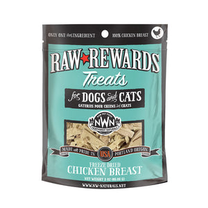 A 3 ounce bag of Northwest Naturals freeze-dried raw chicken breast treats for dogs and cats. Clear window on bag shows small rectangular shaped pieces.