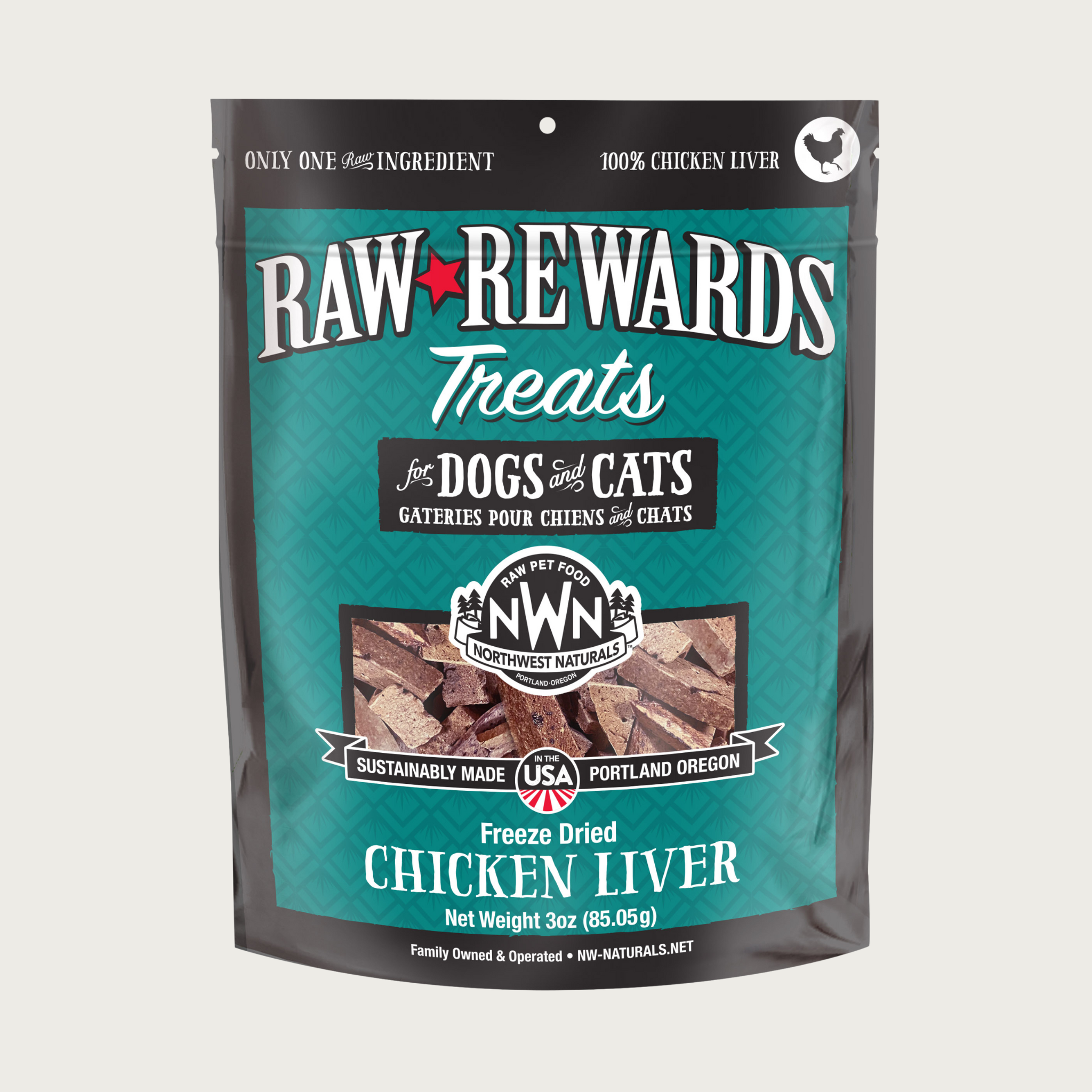 A 3 ounce dark teal bag of Northwest Naturals freeze-dried raw chicken liver treats for dogs and cats. Clear window on bag shows small rectangular shaped pieces.