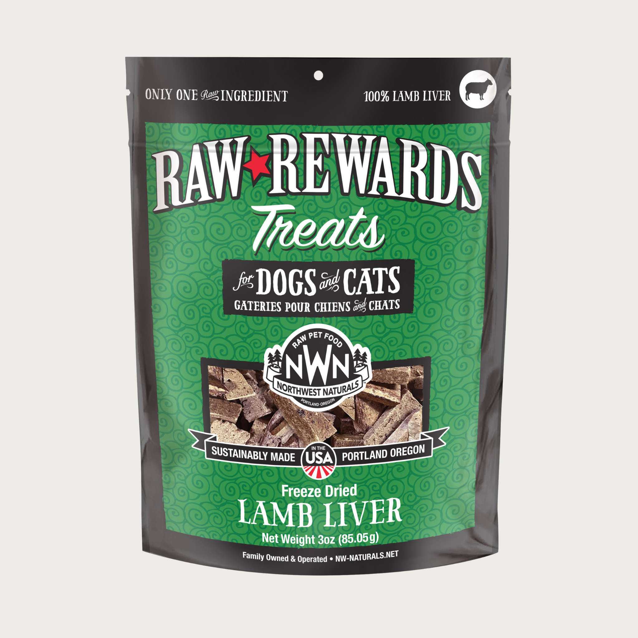 A 3 ounce green bag of Northwest Naturals freeze-dried raw lamb liver treats for dogs and cats. Clear window on bag shows small rectangular shaped pieces.
