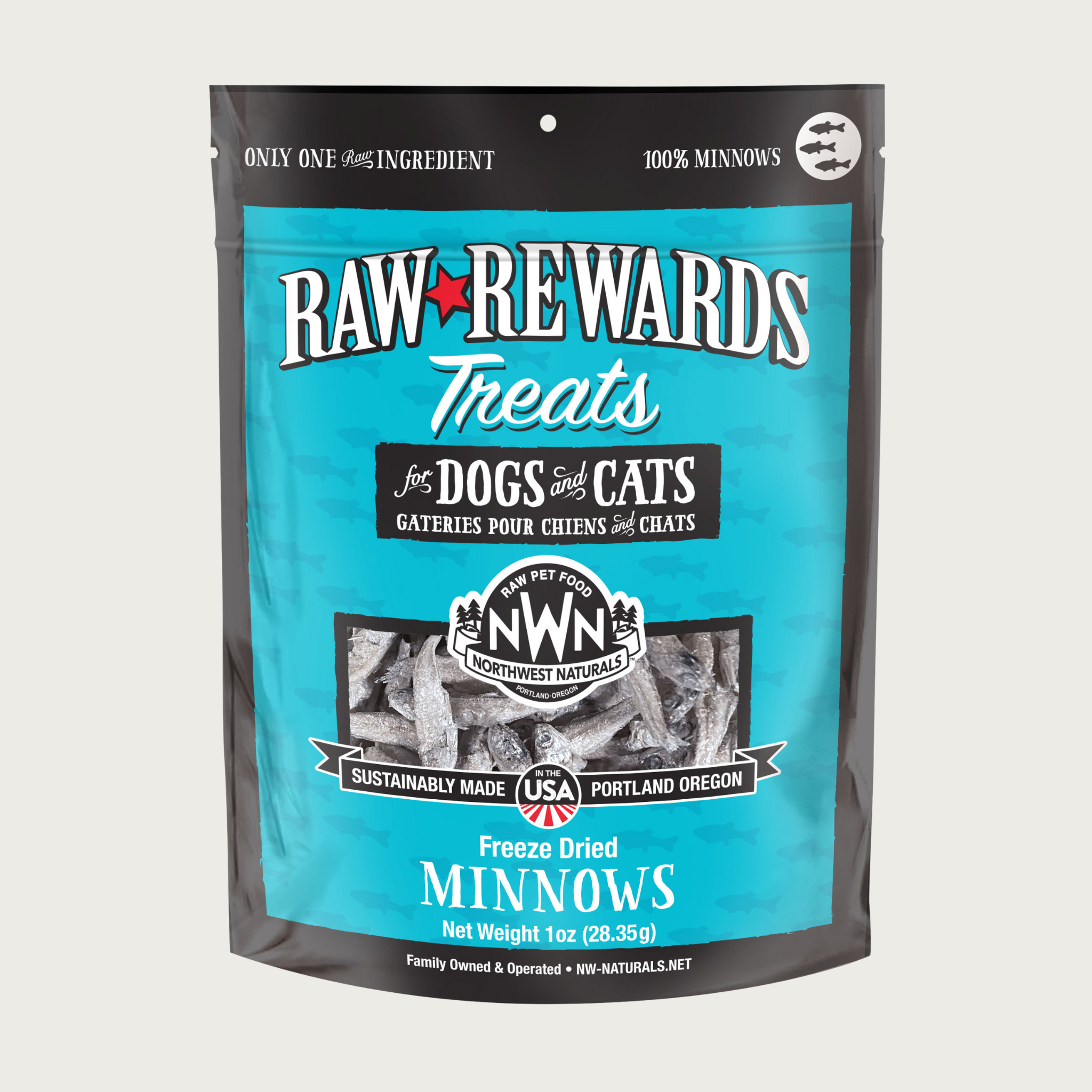 A 1 ounce teal blue bag of Northwest Naturals freeze-dried raw whole minnows treats for dogs and cats. Clear window on bag shows whole fish minnows, each about 2 inches long.