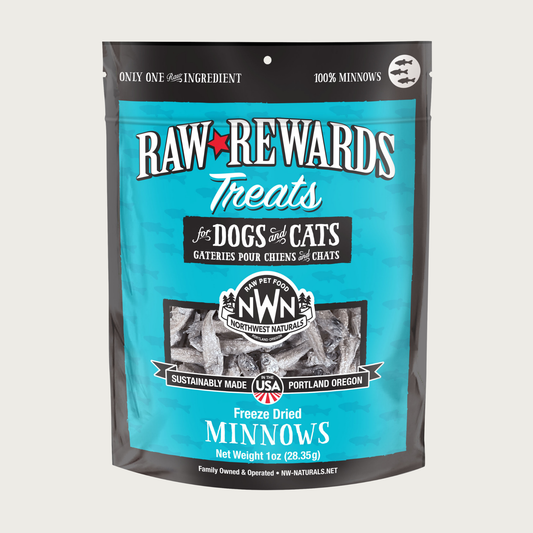A 1 ounce teal blue bag of Northwest Naturals freeze-dried raw whole minnows treats for dogs and cats. Clear window on bag shows whole fish minnows, each about 2 inches long.