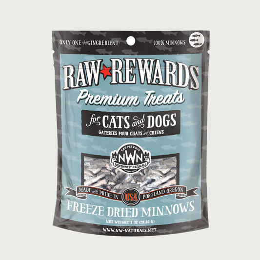 A 1 ounce bag of Northwest Naturals freeze-dried raw whole minnows treats for dogs and cats. Clear window on bag shows whole fish minnows, each about 2 inches long.