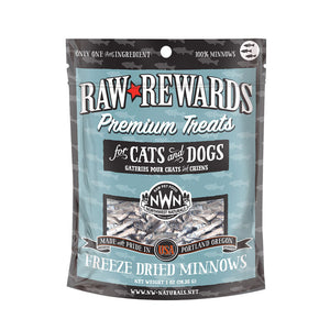 A 1 ounce bag of Northwest Naturals freeze-dried raw whole minnows treats for dogs and cats. Clear window on bag shows whole fish minnows, each about 2 inches long.