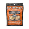 A 2.5 ounce bag of Northwest Naturals freeze-dried raw salmon treats for dogs and cats. Clear window on bag shows small rectangular shaped pieces.