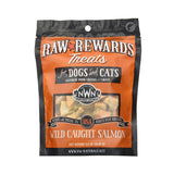 A 2.5 ounce bag of Northwest Naturals freeze-dried raw salmon treats for dogs and cats. Clear window on bag shows small rectangular shaped pieces.