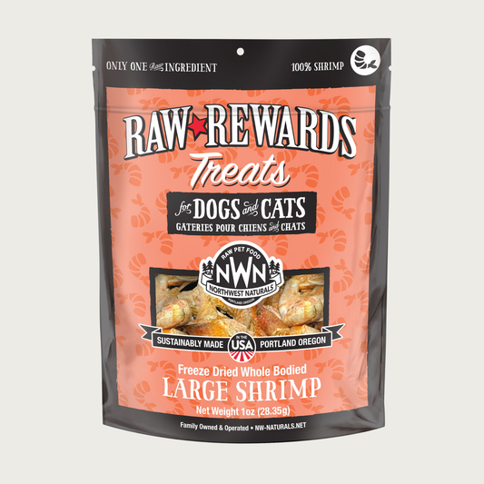A 1 ounce salmon pink colored bag of Northwest Naturals freeze-dried raw whole shrimp treats for dogs and cats. Clear window on bag shows whole body shrimp, each about 1-2 inches long.