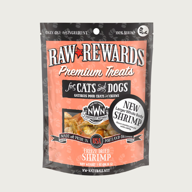 A 1 ounce bag of Northwest Naturals freeze-dried raw whole shrimp treats for dogs and cats. Clear window on bag shows whole body shrimp, each about 1-2 inches long.