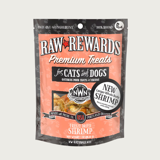 A 1 ounce bag of Northwest Naturals freeze-dried raw whole shrimp treats for dogs and cats. Clear window on bag shows whole body shrimp, each about 1-2 inches long.