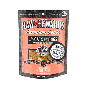 A 1 ounce bag of Northwest Naturals freeze-dried raw whole shrimp treats for dogs and cats. Clear window on bag shows whole body shrimp, each about 1-2 inches long.