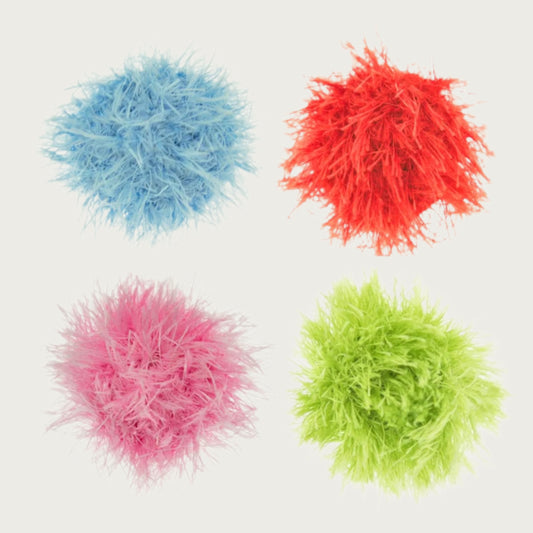 A group of four, different colored OoMaLoo Ball cat toys. They are covered in longer fabric strands (about 0.5" long) that look fuzzy, like hair. The color options are: baby blue, pastel pink, lime green, and red.