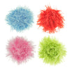 A group of four, different colored OoMaLoo Ball cat toys. They are covered in longer fabric strands (about 0.5" long) that look fuzzy, like hair. The color options are: baby blue, pastel pink, lime green, and red.