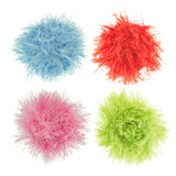 A group of four, different colored OoMaLoo Ball cat toys. They are covered in longer fabric strands (about 0.5" long) that look fuzzy, like hair. The color options are: baby blue, pastel pink, lime green, and red.