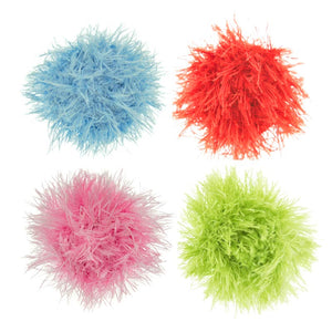 A group of four, different colored OoMaLoo Ball cat toys. They are covered in longer fabric strands (about 0.5" long) that look fuzzy, like hair. The color options are: baby blue, pastel pink, lime green, and red.