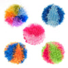 A group of five, different colored OoMaLoo Ball dog toys. They are covered in longer fabric strands (about 1" long) that look fuzzy, like hair. The color options are: rainbow, light blue/dark blue, pink/hot pink, blue/orange, and green/hot pink.