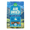 A bag of Open Farm Air Dried Surf & Turf Recipe for Dogs. Background photo on bag is a mountain valley, with a blue box overlayed to highlight white & navy blue text. 90% wild-caught fish, beef & organs, bone broth infused, grain & legume free.