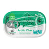 An oblong shaped can with pull top, of Open Farm Silky Mousse Arctic Char Meal Topper for Cats, Net Wt 3.17 oz. Green illustration of an arctic char fish is on top.