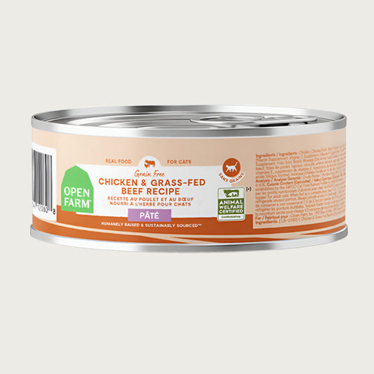 A 2.8 oz can of Open Farm Chicken & Grass-Fed Beef Recipe Pate cat food. Grain & legume free, Humanely Raised & Sustainably Sourced. Animal Welfare Certified.