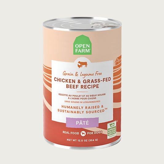A 12.5 oz can of Open Farm Chicken & Grass-Fed Beef Recipe Pate dog food. Grain & legume free, Humanely Raised & Sustainably Sourced. Animal Welfare Certified.