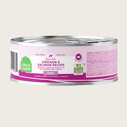A 2.8 oz can of Open Farm Chicken & Salmon Recipe Pate cat food. Grain & legume free, Humanely Raised & Sustainably Sourced. Animal Welfare Certified.