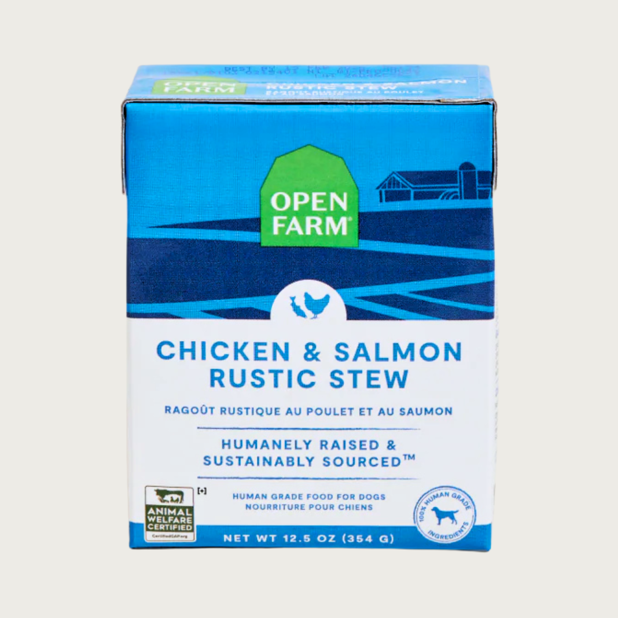 A 12.5 oz blue and white carton of Open Farm Chicken & Salmon Rustic Stew dog food. 100% Human Grade Ingredients. With Certified Humane chicken and wild-caught salmon, no grain or potato.