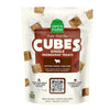 A 3 oz white & brown bag of Open Farm Cubes Single Ingredient Treats - Lamb Liver Treats for Dogs. Humanely raised & sustainably sourced.