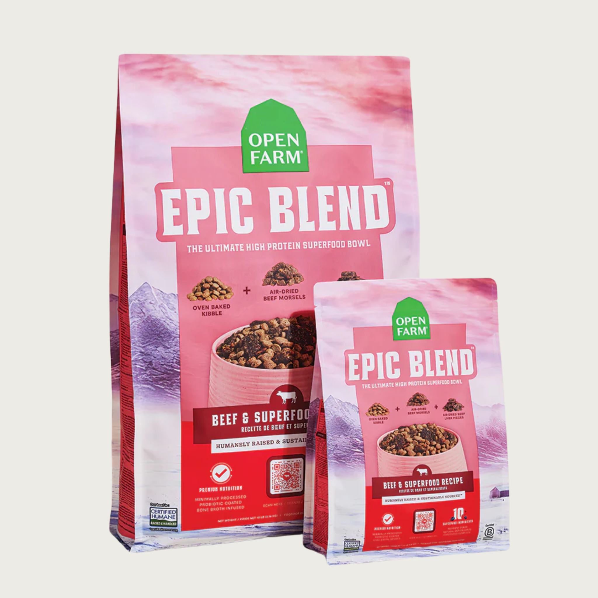 3.5 lb and 18 lb bags of Open Farm Epic Blend Beef & Superfood Recipe dog food bag, side by side.