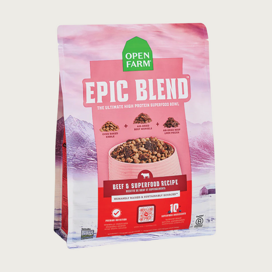 Open Farm Epic Blend Beef & Superfood Recipe dog food bag. "The ultimate high protein superfood bowl".