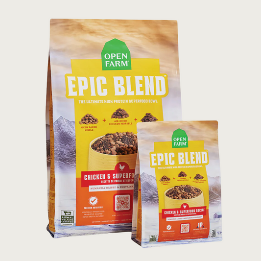 3.5 lb and 18 lb bags of Open Farm Epic Blend Chicken & Superfood Recipe dog food bag, side by side.