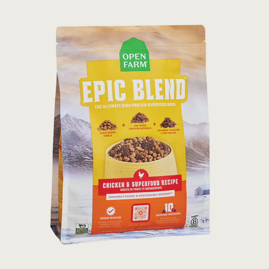 Open Farm Epic Blend Chicken & Superfood Recipe dog food bag. "The ultimate high protein superfood bowl".