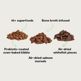 Load image into Gallery viewer, Image of three piles of Epic Blend components with added text detail. The first is probiotic-coated oven-baked kibble, with 10+ superfoods. The second is air-dried salmon morsels that are bone broth infused. The third is air-dried whitefish pieces. The air-dried pieces look like jerky, and the kibble is flat and round.
