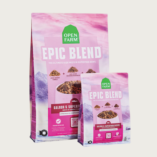 3.5 lb and 18 lb bags of Open Farm Epic Blend Salmon & Superfood Recipe dog food bag, side by side.