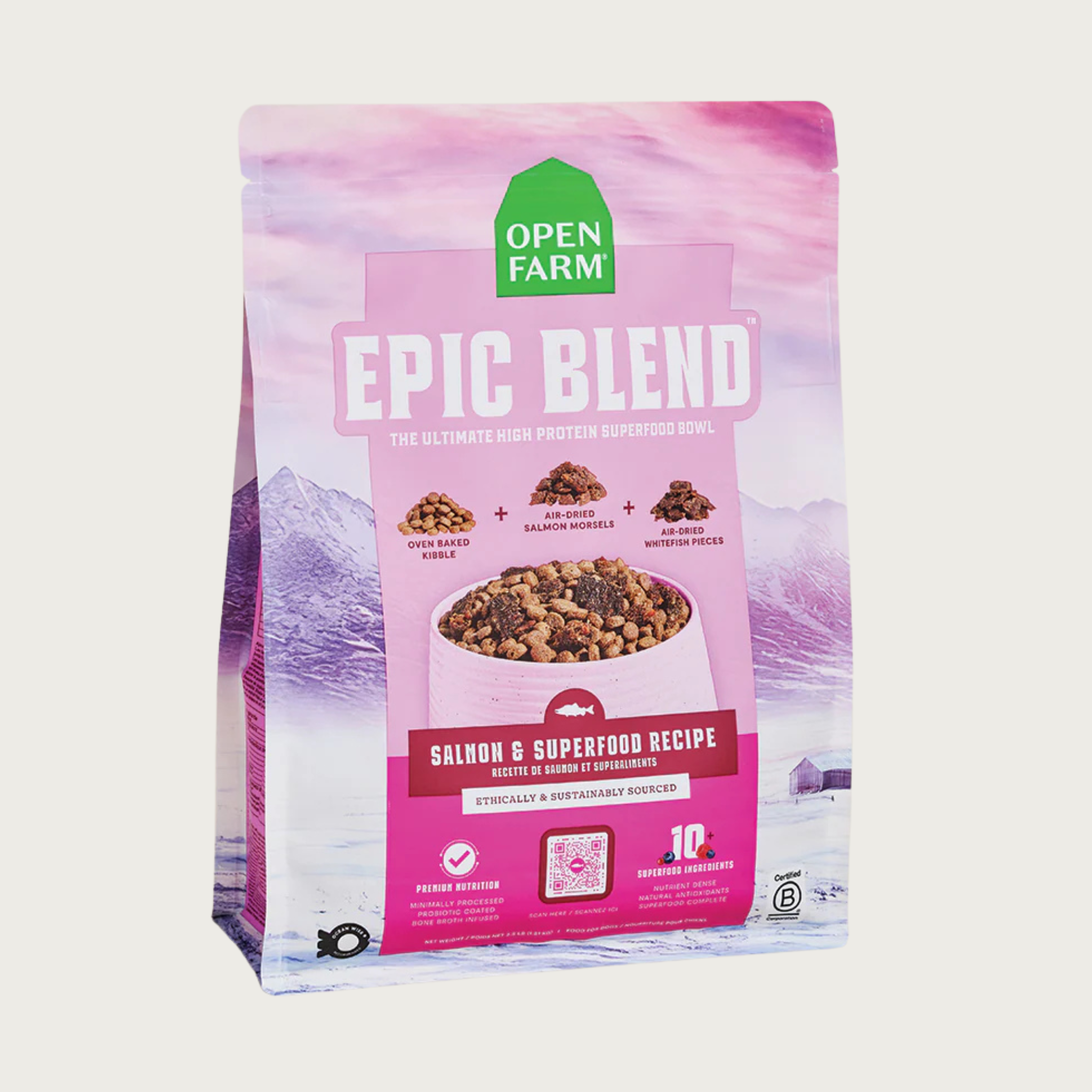 Open Farm Epic Blend Salmon & Superfood Recipe dog food bag. "The ultimate high protein superfood bowl".
