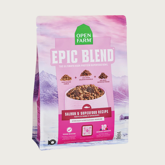 Open Farm Epic Blend Salmon & Superfood Recipe dog food bag. "The ultimate high protein superfood bowl".