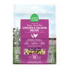 A 9 oz bag of Grain Free, Open Farm Freeze-Dried-Raw Chicken & Salmon Recipe cat food. Meal or Mixer, Humanely raised and sustainably sourced. A photo of a gray cat standing in a field on a farm covers the bag, with a magenta bar in the center to highlight the white text over it.