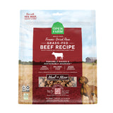 A 13.5 oz bag of Grain Free, Open Farm Freeze-Dried-Raw Grass-Fed Beef Recipe dog food. Meal or Mixer, Humanely raised and sustainably sourced. A photo of a Vizsla dog standing in a field on a farm covers the bag, with a red bar in the center to highlight the white text over it.