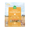 A 13.5 oz bag of Grain Free, Open Farm Freeze-Dried-Raw Harvest Chicken Recipe dog food. Meal or Mixer, Humanely raised and sustainably sourced. A photo of a Bull Terrier dog standing in a field on a farm covers the bag, with a yellow bar in the center to highlight the white text over it.