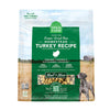 A 13.5 oz bag of Grain Free, Open Farm Freeze-Dried-Raw Homestead Turkey Recipe dog food. Meal or Mixer, Humanely raised and sustainably sourced. A photo of a Pointer dog standing in a field on a farm covers the bag, with a green bar in the center to highlight the white text over it.
